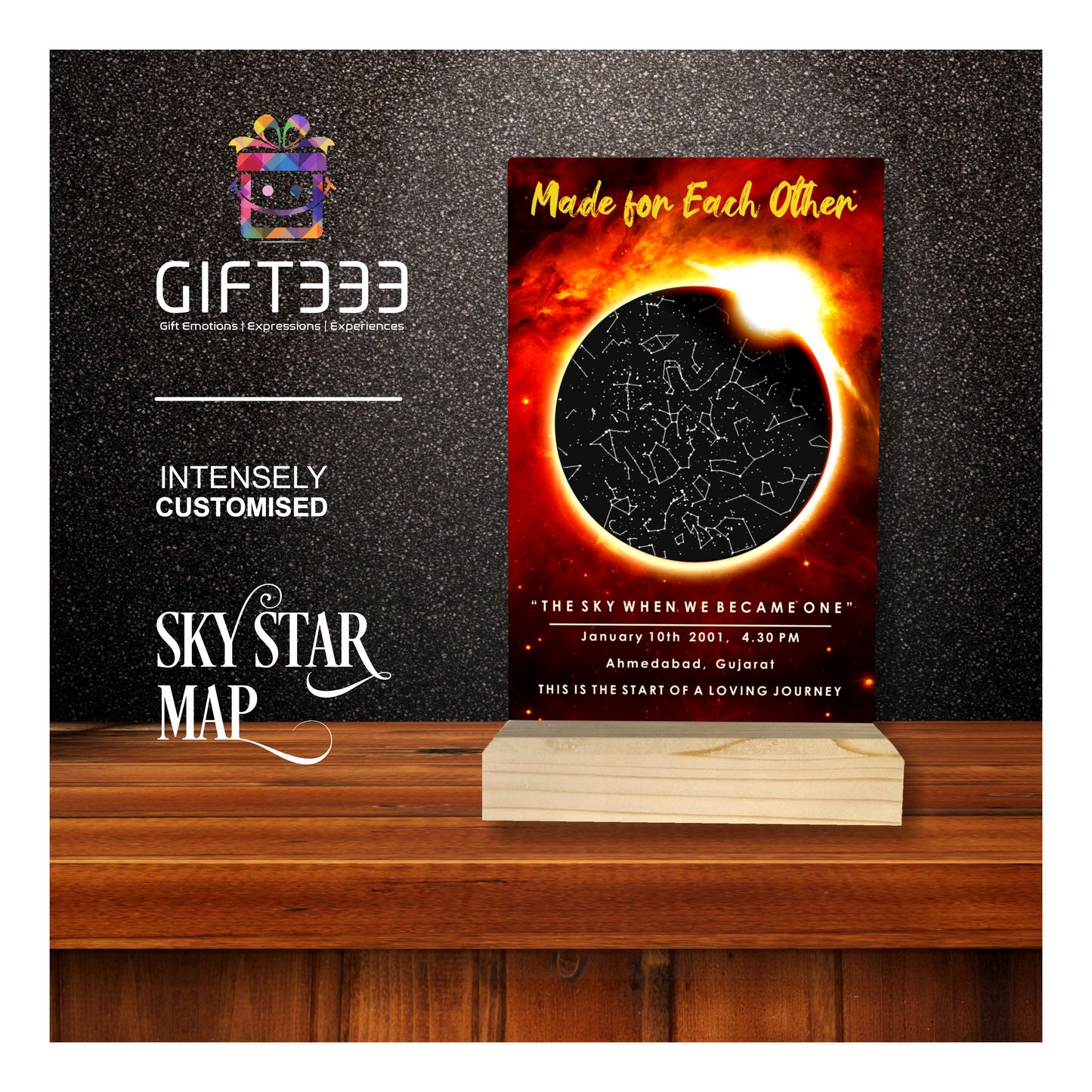 Sky Star Map Plaque with customized Colors | Personalized location night sky star map Wooden Stand