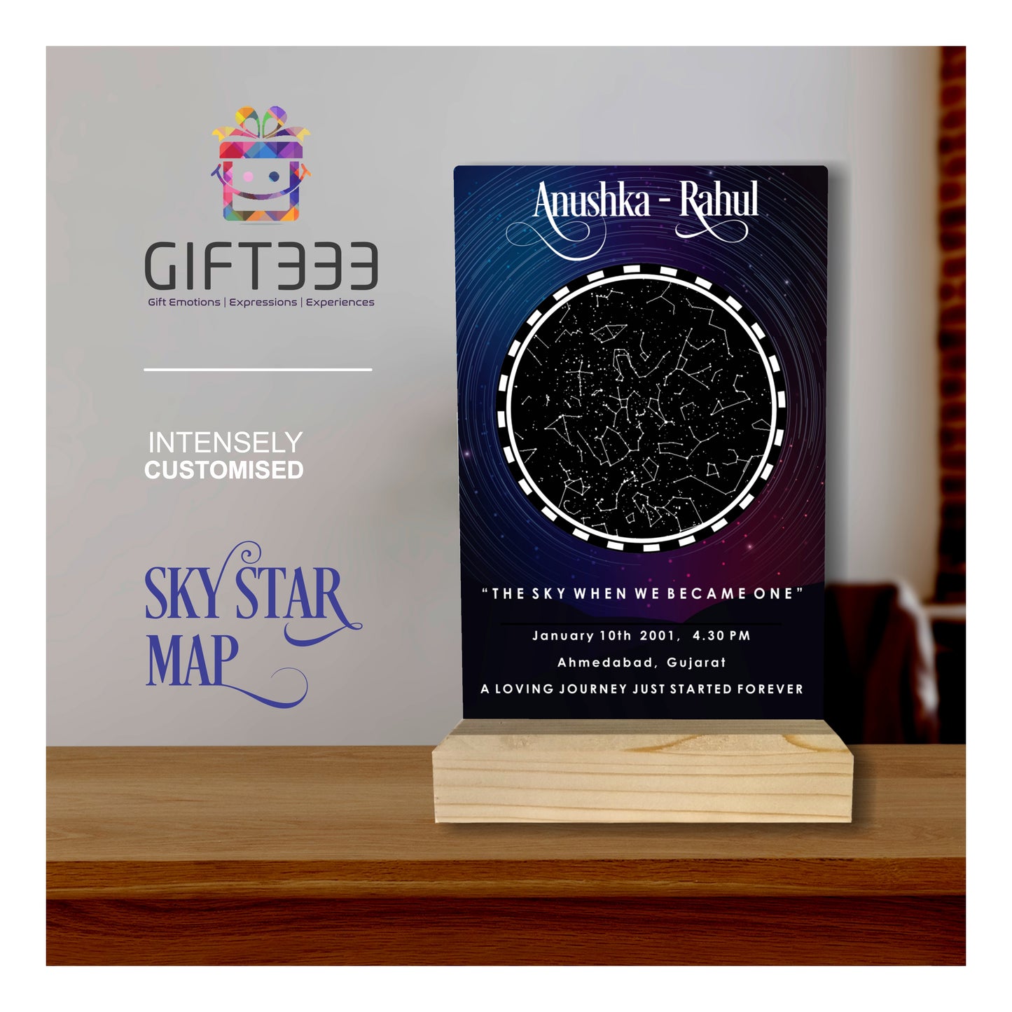 Sky Star Map Plaque with customized Colors | Personalized location night sky star map Wooden Stand