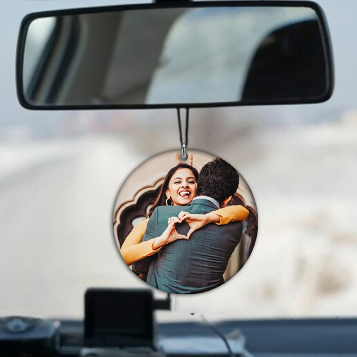 Circle Car Mirror Hanging - Customized Shape and Photo with Message | Gift for Your Loved One