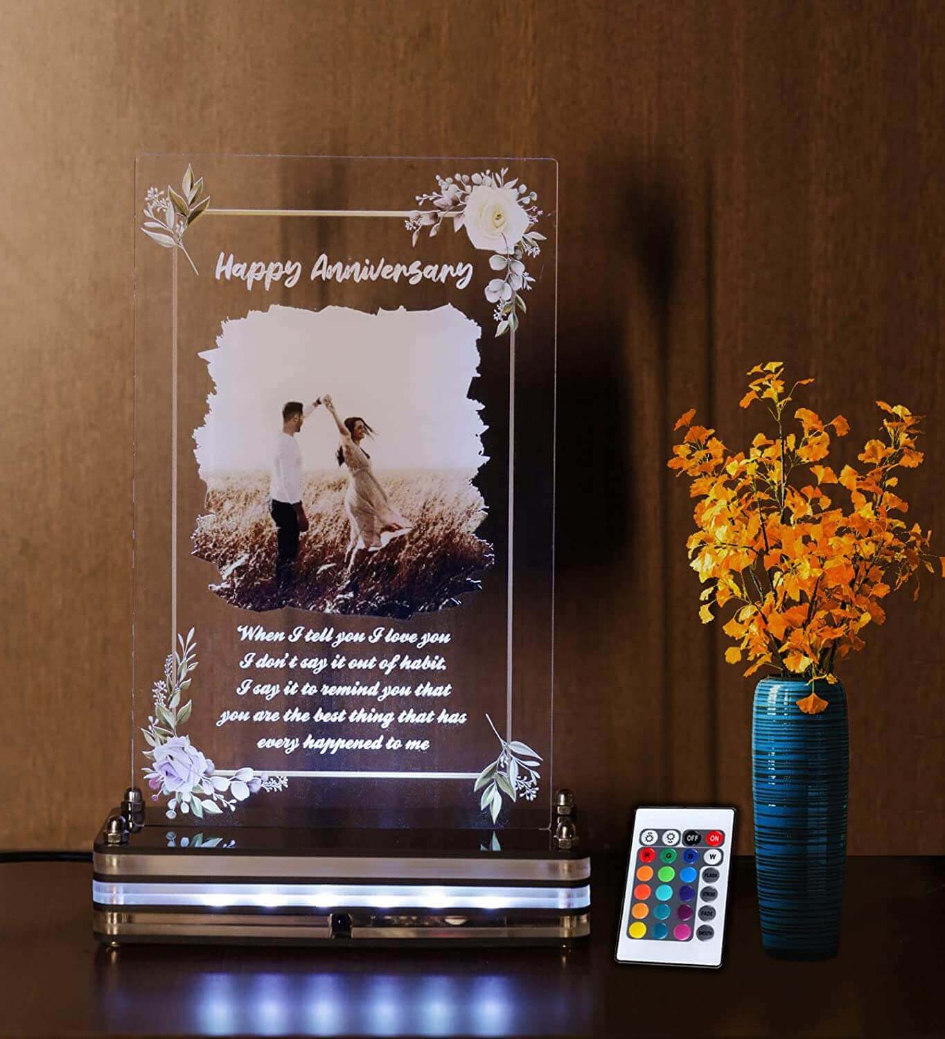 Remote control Floral LED lamp plaque with photo | Personalized Photo and message plaque