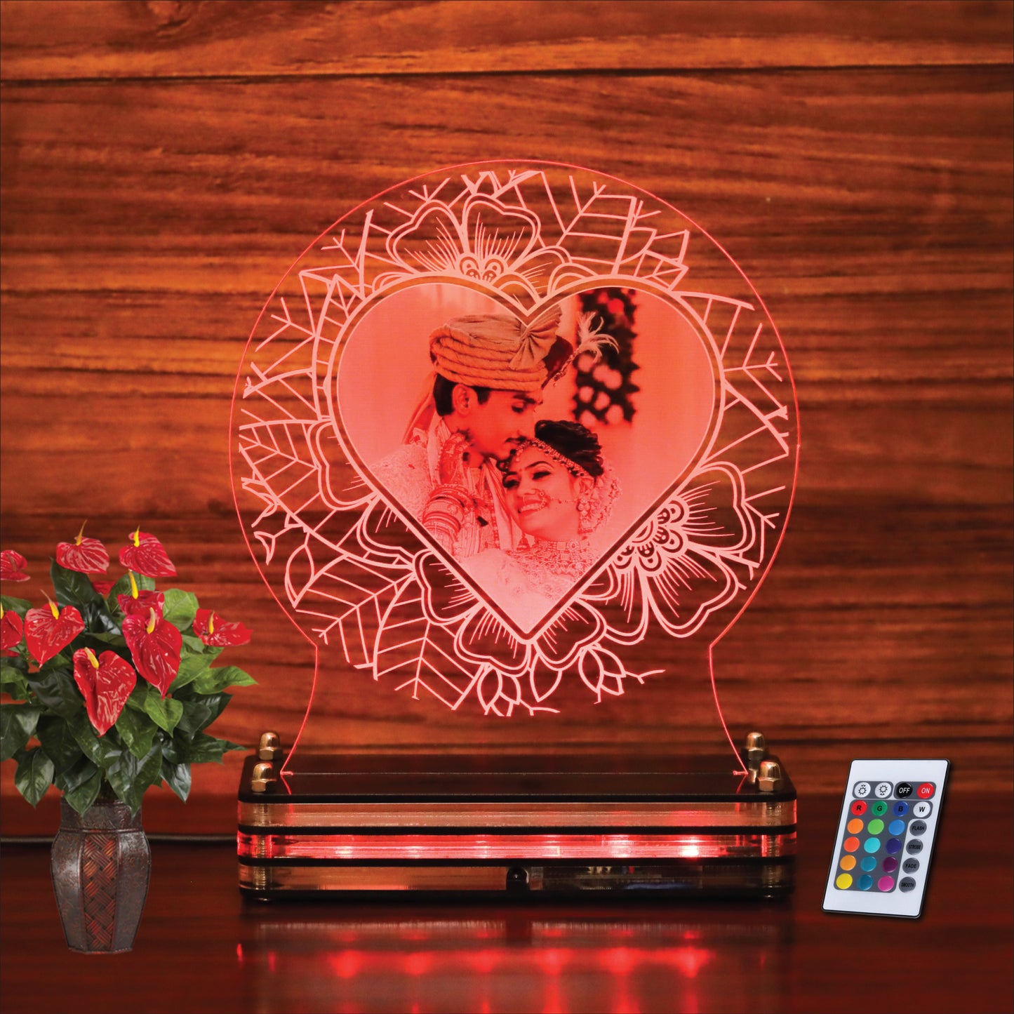 Round floral heart shaped personalized photo LED plaque | Remote control personalized gift