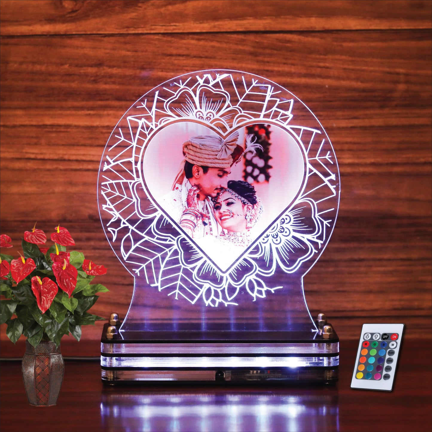 Round floral heart shaped personalized photo LED plaque | Remote control personalized gift