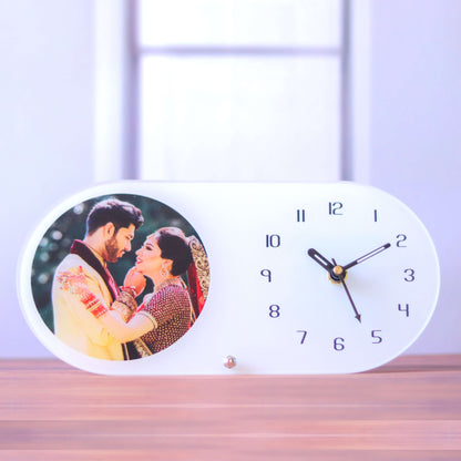 White Oval Table Clock with photo | Personalized table clock photo gift