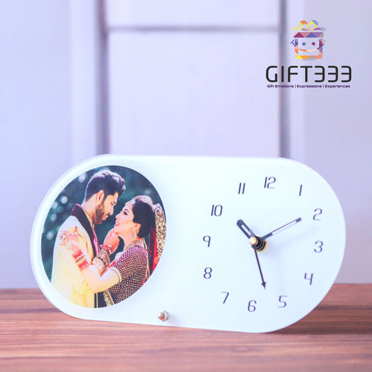 White Oval Table Clock with photo | Personalized table clock photo gift
