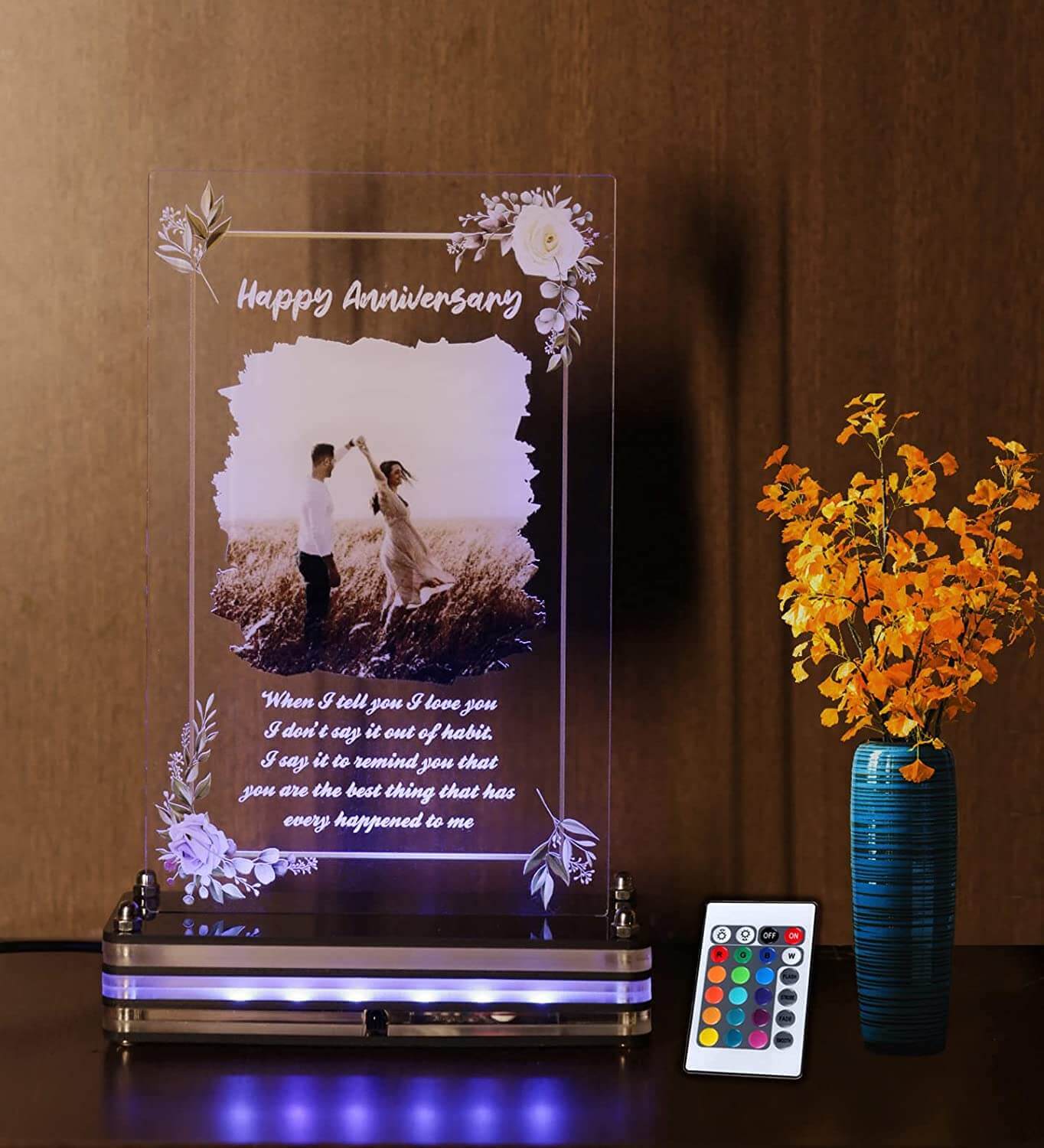 Remote control Floral LED lamp plaque with photo | Personalized Photo and message plaque