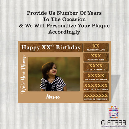 Years to Seconds Counting Birthday Plaque with Photo & Name Personalisation with Acrylic Base